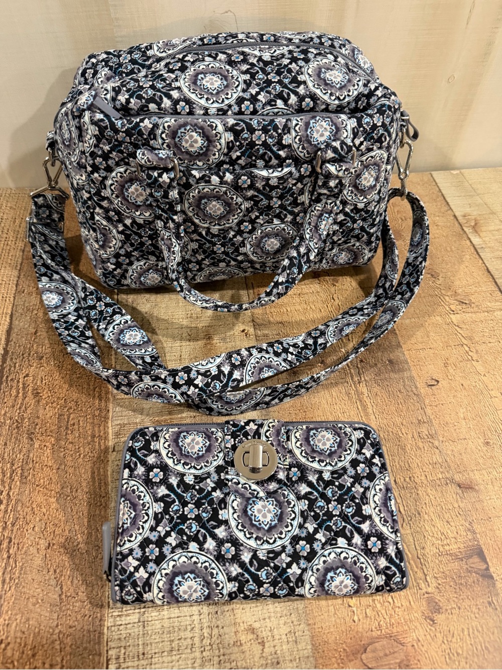 Vera Bradley Set- Quilted Floral Medallion Crossbody Bag and Wallet-Black & Blue